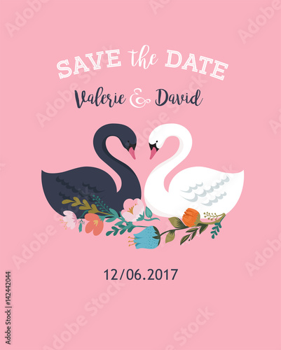 Wedding illustrations with swan, save the date card