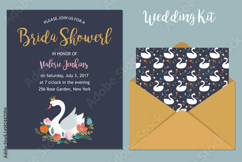 Wedding set with swan illustrations and bridal shower invitation