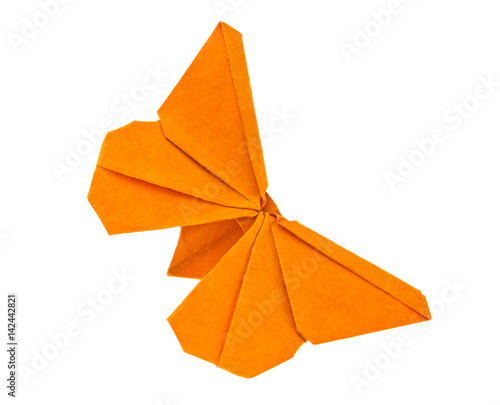 Orange butterfly of origami, isolated on white background. Stock