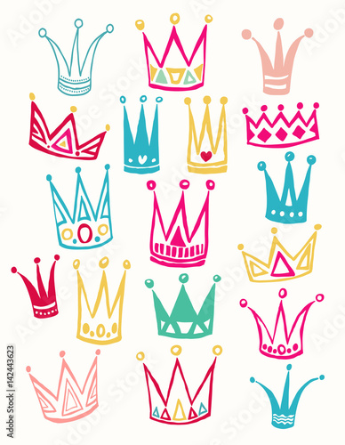 Set of cute cartoon crowns. Hand drawing vector background.  Bright colors. Vector illustration.
