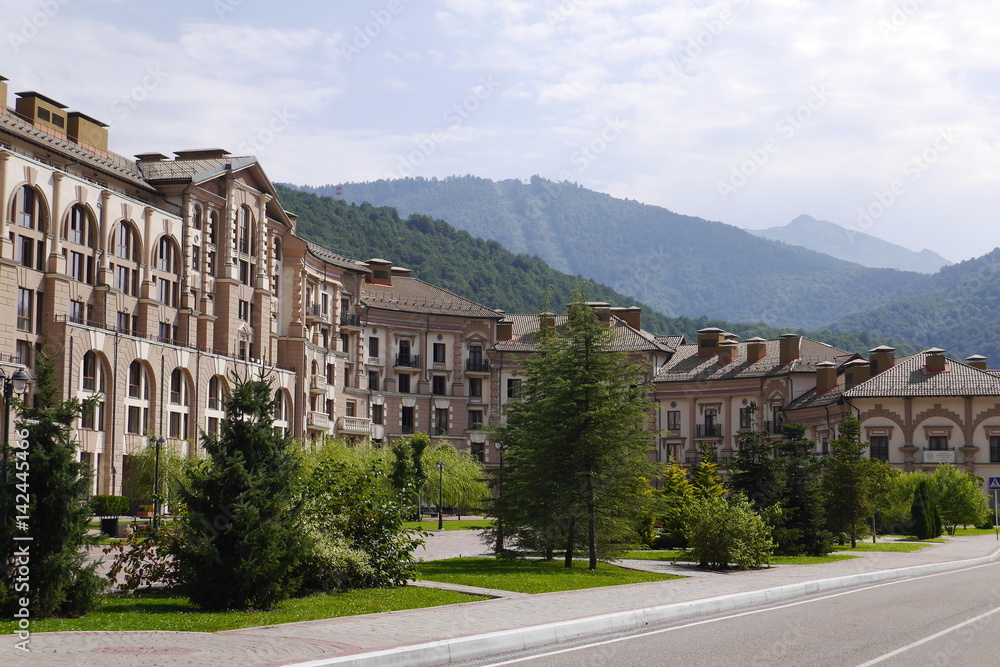 Hotel building in Gorki Сity and mountains. Sochi, Russia
