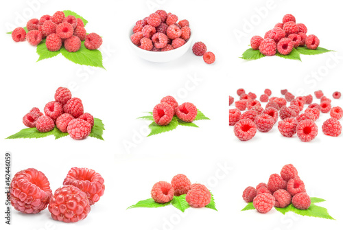 Set of raspberry with leaf close-up on white