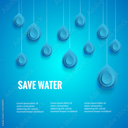 Eco design template. Save the water poster. Blue background with drop shape. World Water Day concept.