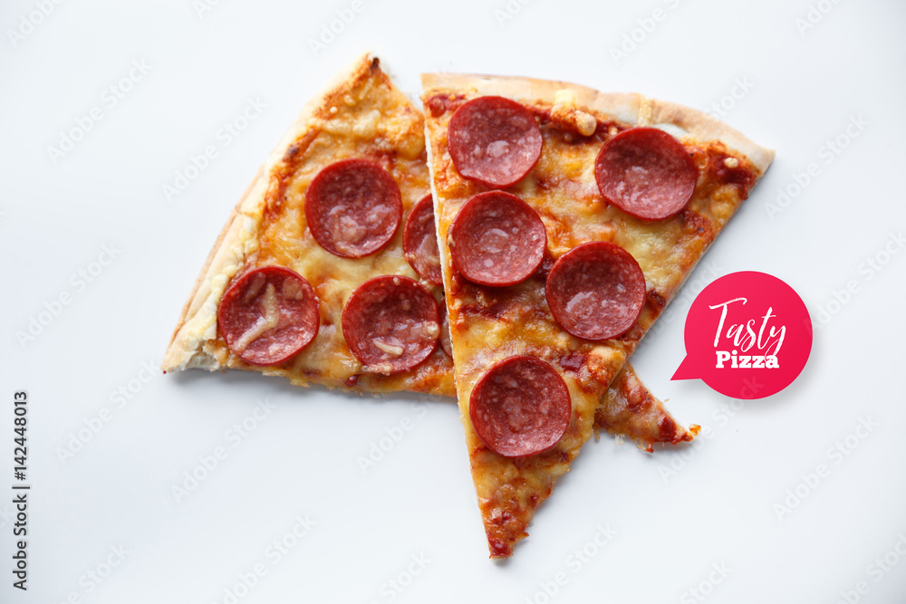 Pepperoni pizza. Hot homemade food. Tasty speech bubble. Slices of fresh italian classic salami pizza. Popular topping with cheese. Pepperoni pizza. Hot homemade food. Tasty speech bubble. Slices of fresh italian classic salami pizza. Popular topping with cheese.