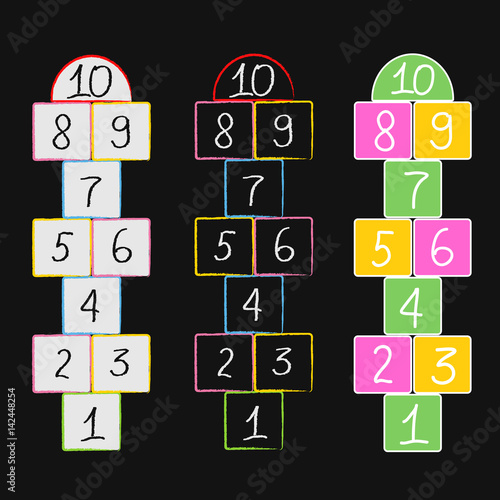 illustration with hopscotch game. Drawn in colored chalk.Children street game.Vector