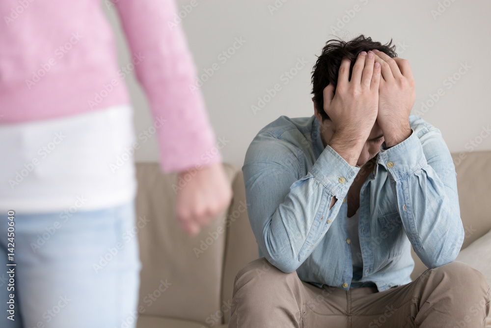Angry woman breaks up relationships with guy after argument, girlfriend rejecting sad boyfriend and leaving, ending relations, abandoned upset man, family problems, young couple breakup, broken heart Angry woman breaks up relationships with guy after argument, girlfriend rejecting sad boyfriend and leaving, ending relations, abandoned upset man, family problems, young couple breakup, broken heart
