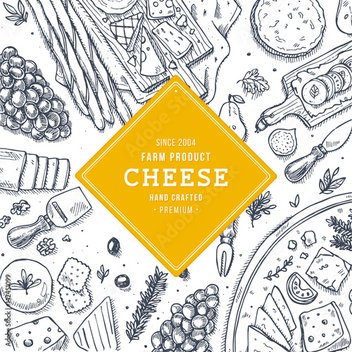 Cheese collection top view illustration. Antipasto table background.	