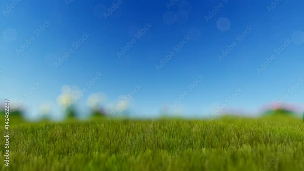 Easter eggs on green meadow over blue blurry sky, panning Easter eggs on green meadow over blue blurry sky, panning