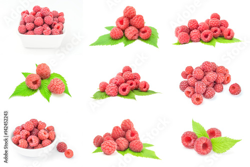 Set of ripe red raspberries close-up on white