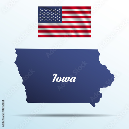 Iowa state with shadow with USA waving flag