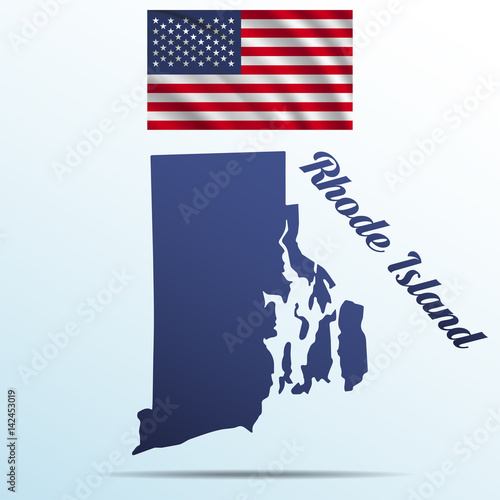 Rhode Island state with shadow with USA waving flag