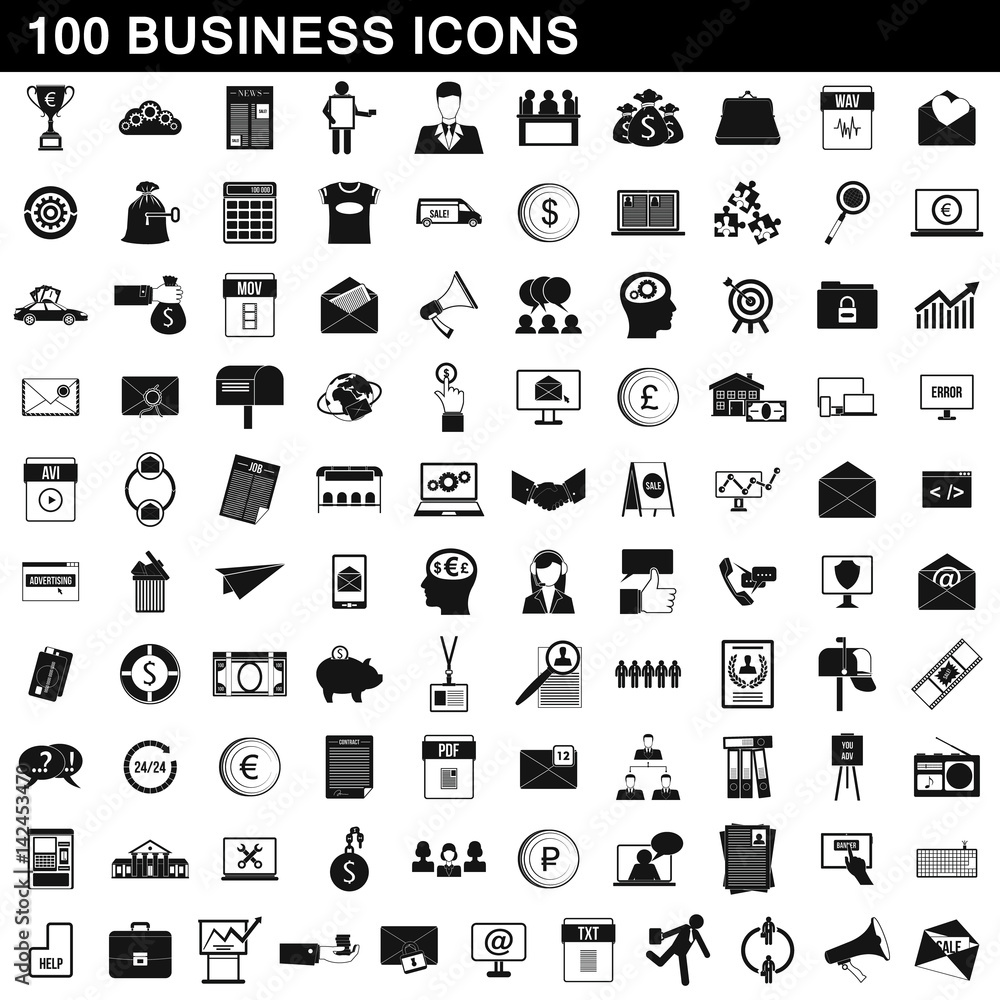 100 business icons set, simple style 100 business icons set, simple style