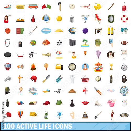 100 active life icons set, cartoon style