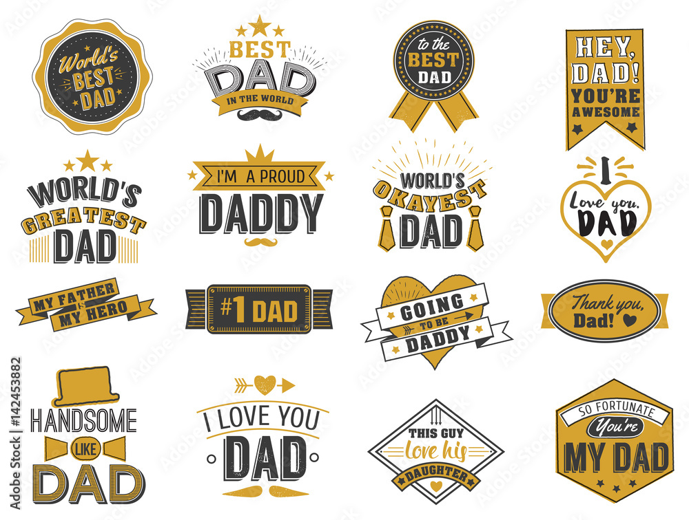 Naklejka premium Isolated Happy fathers day quotes on the white background. Dad congratulation gold and black label, badge vector collection.