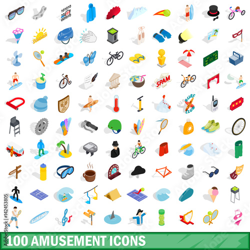 100 amusement icons set, isometric 3d style