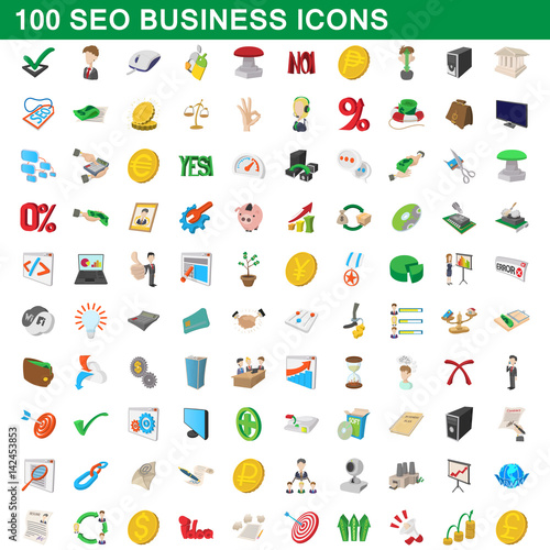 100 seo business icons set, cartoon style