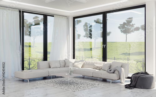 Modern interior design of living room, countryside