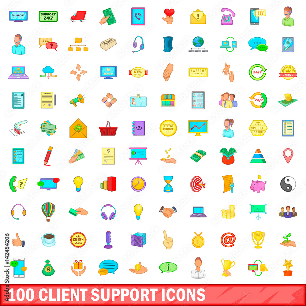 100 client support icons set, cartoon style 100 client support icons set, cartoon style