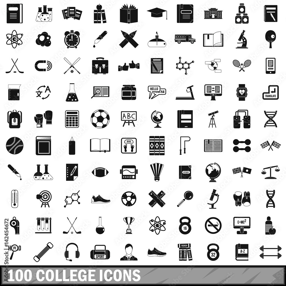 100 college icons set, simple style 100 college icons set, simple style