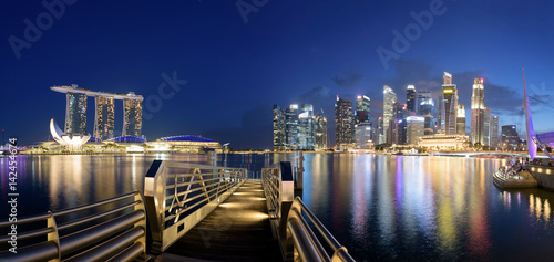 Panoramic View of Singapore Skyline at the Marina Bay at night.