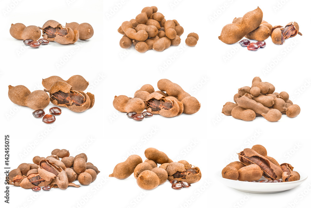 Collage of Tamarindus indica isolated on a white background with clipping path Collage of Tamarindus indica isolated on a white background with clipping path