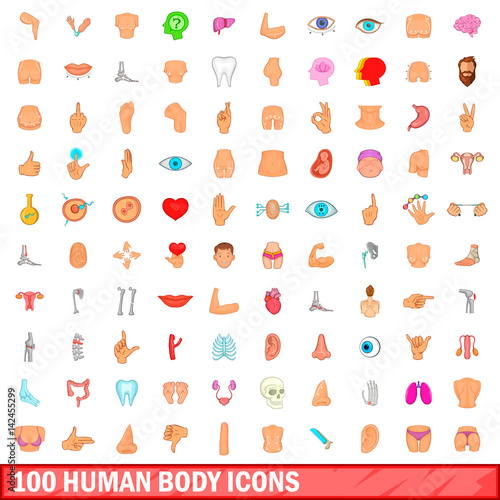 100 human body icons set, cartoon style