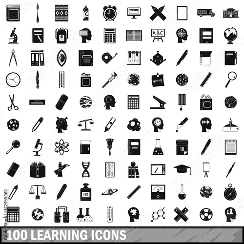 100 learning icons set, simple style 