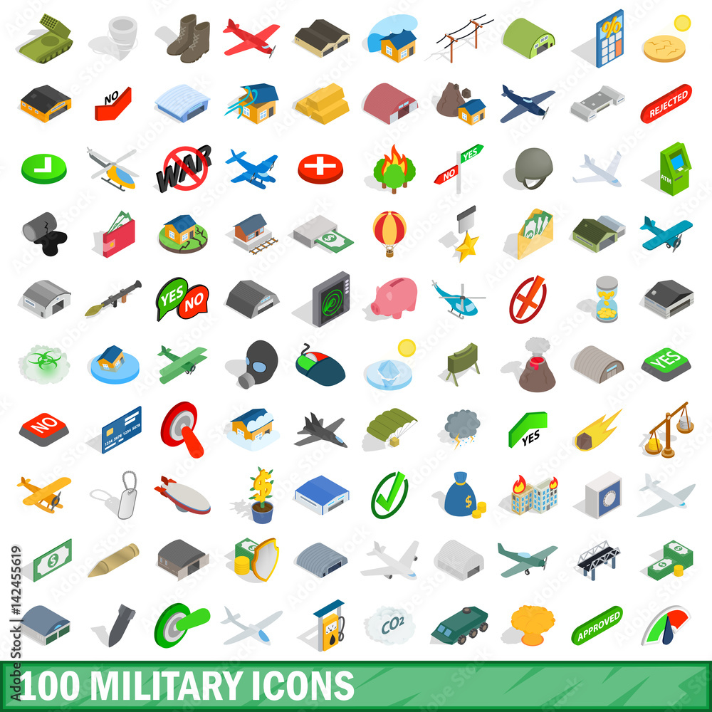 100 military icons set, isometric 3d style