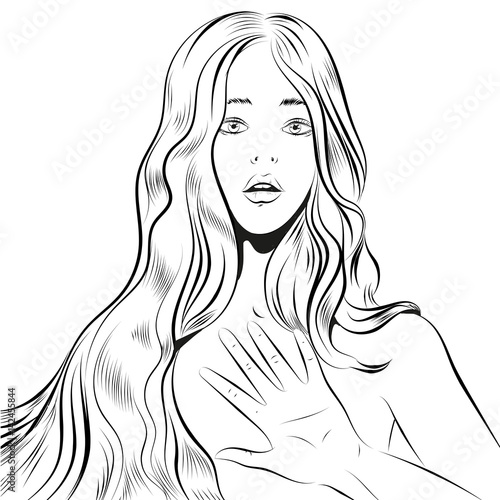 Beautiful woman with long hair qestuing NO or stop line art