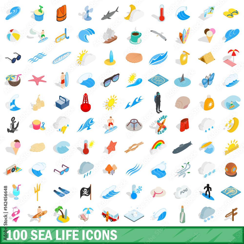 100 sea life icons set, isometric 3d style