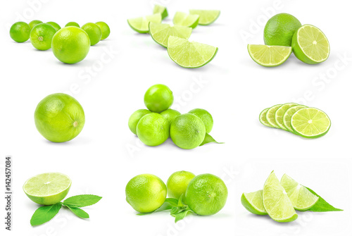 Collection of limes on a white background clipping path