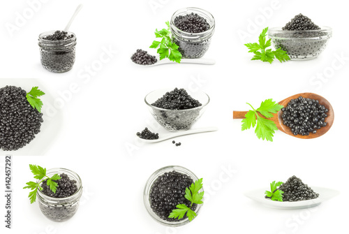 Set of black caviar close-up on white