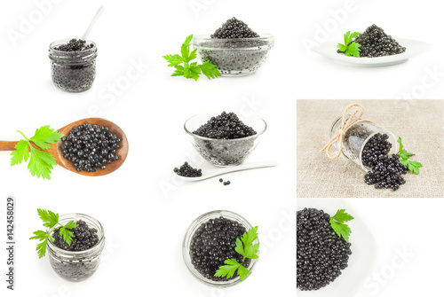 Set of sturgeon black caviar on a background