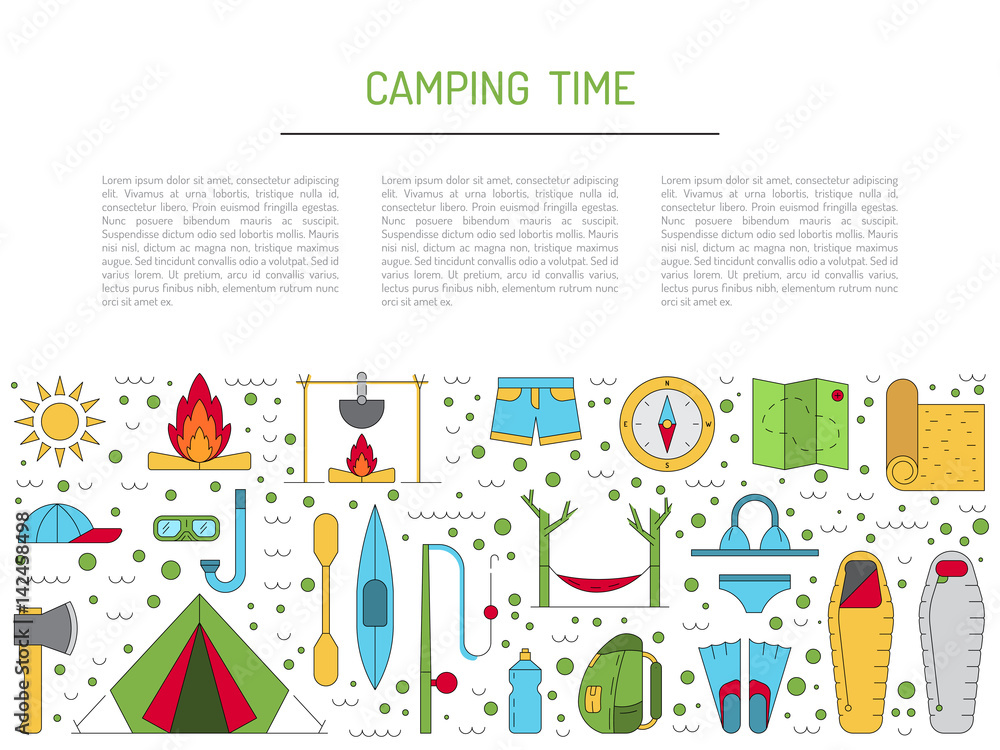 Vector linear icons on the topic of camping and Hiking in the wild, forest, lake, mountains, painted in a linear style. Vector linear icons on the topic of camping and Hiking in the wild, forest, lake, mountains, painted in a linear style.