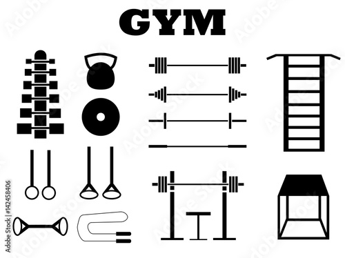 Silhouettes of sports equipment in the gym. isolated on white