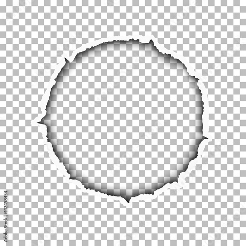 Vector tattered round hole made in transparent background. Template paper design.