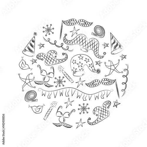 Hand Drawn Party Symbols Arranged in a Circle. Children Drawings of Masquerade Elements. Sketch Style. Vector Illustration.