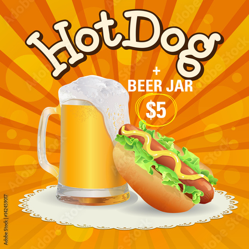 Beer and hot dogs offer. Hand made fast food vector illustration
