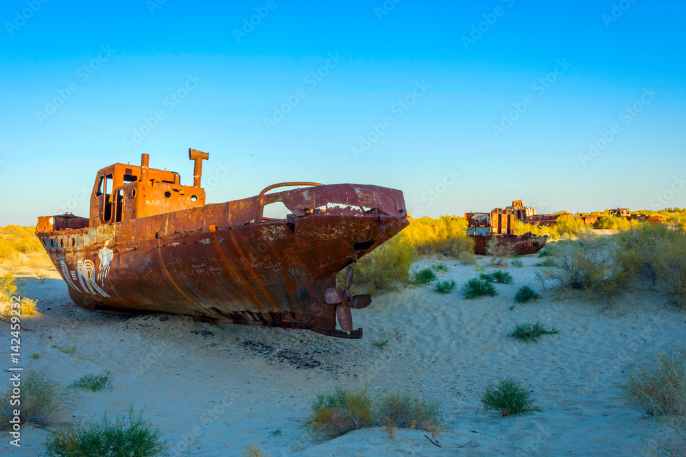 Rusted vessel in the ship cemetery, Uzbekistan