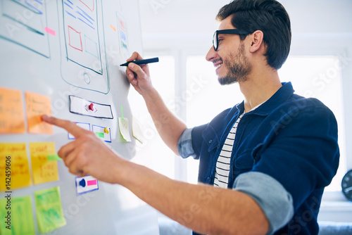 Fotografi Web designer planning new website layout on whiteboard