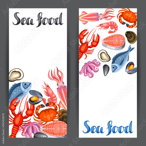 Banners with various seafood. Illustration of fish, shellfish and crustaceans