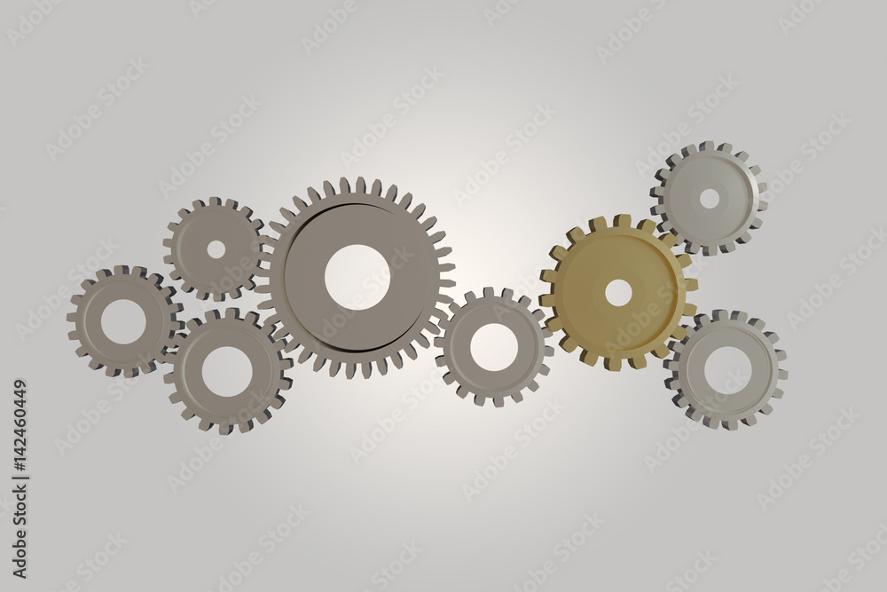 3D rendering of gear wheels, teamwork, process on white 3D rendering of gear wheels, teamwork, process on white