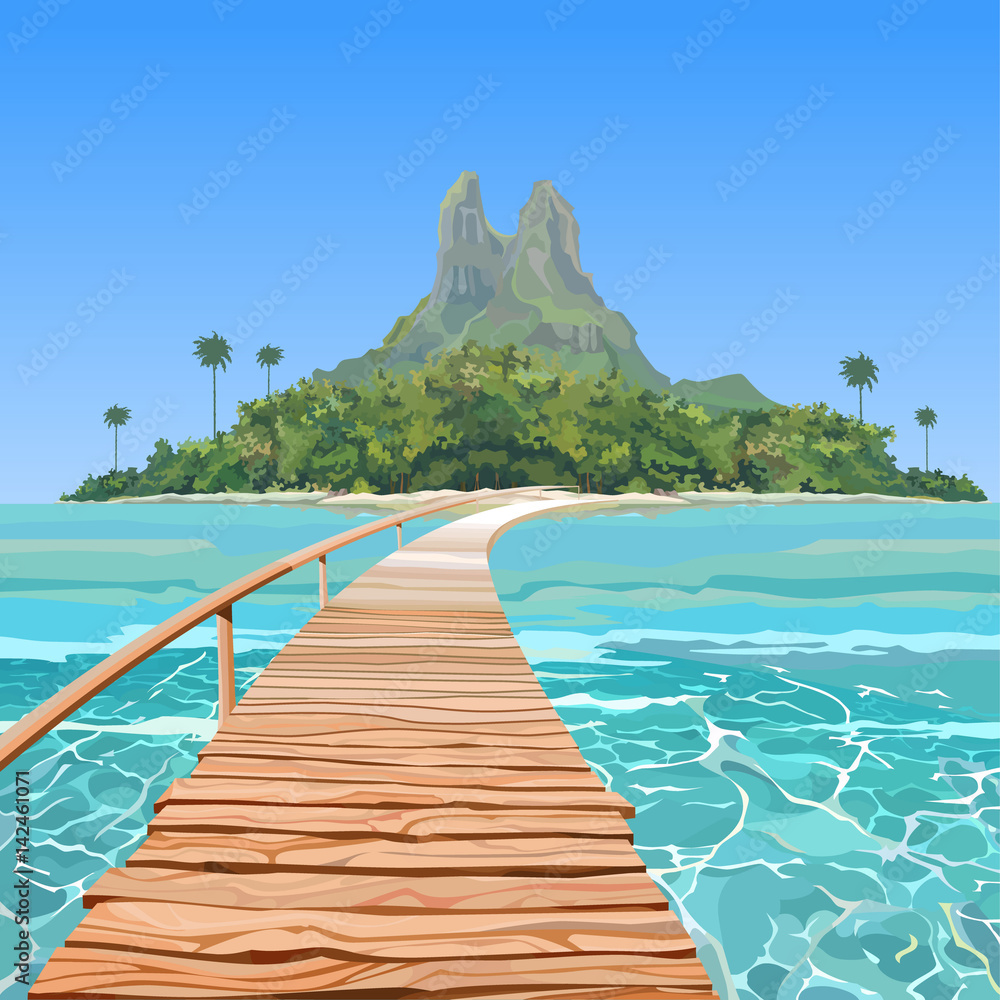 Obraz premium drawn tropical island with a bridge in the sea