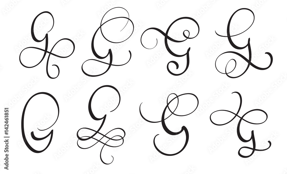 set of art calligraphy letter G with flourish of vintage decorative whorls. Vector illustration EPS10 set of art calligraphy letter G with flourish of vintage decorative whorls. Vector illustration EPS10