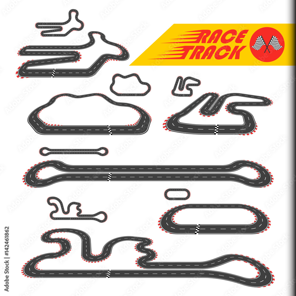 Race track, racing loop or race circuit, car racetrack collection. Turbo  challenge vector illustration set. For toy, modeling, package, sport, gift,  transportation, car, bolide, dragster, game design. Stock Vector | Adobe  Stock