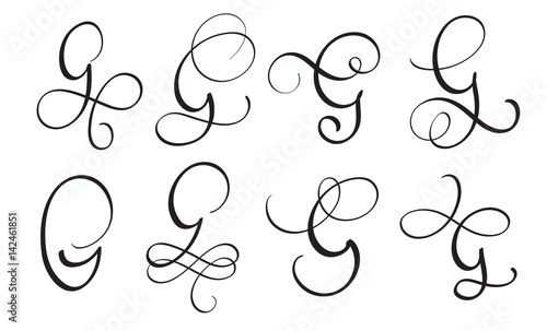 set of art calligraphy letter G with flourish of vintage decorative whorls. Vector illustration EPS10