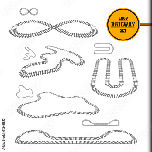 New railroad loop set, railway track, perspective, curve and turn design element collection, transportation vector illustration. Looped train paths set for toy, modeling, decoration, web, gift uses.
