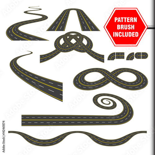 Vector illustration that include highway border or asphalt pattern brush and ready for use curves, perspectives, turns, twists, loops, elements, road with yellow and white markings, isolated on white.