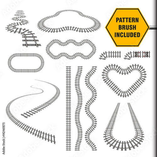 Fényképezés Vector illustration that include new railway border or railroad pattern brush and ready for use curves, perspectives, turns, twists, loops, elements, all rail transport path motives isolated on white