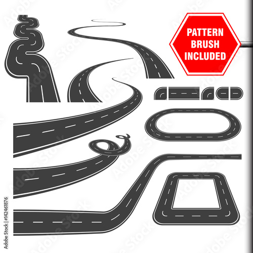 Vector illustration that include highway border or asphalt pattern brush and ready for use curves, perspectives, turns, twists, loops, elements, road with white markings, isolated on white.